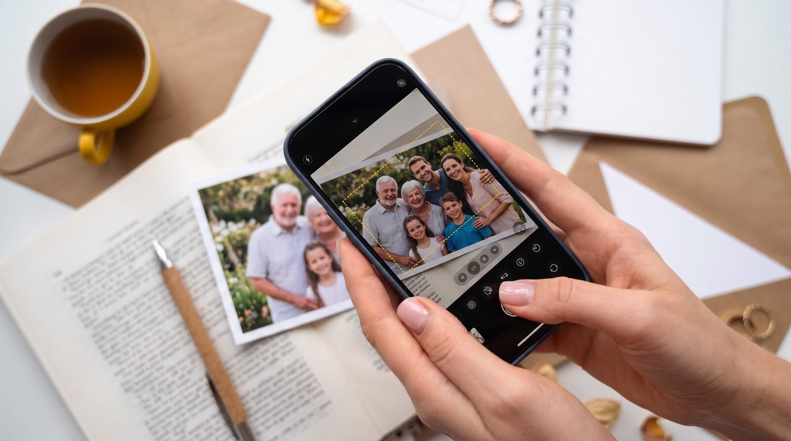 Photo d'un tirage papier posé sur une table, prise avec un téléphone